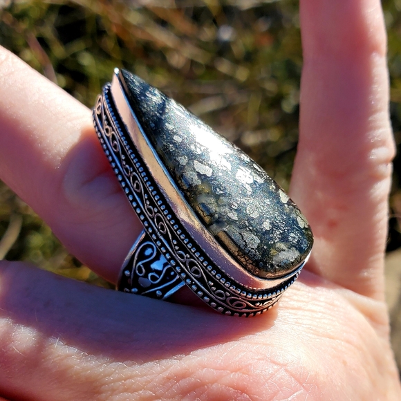 New Huge Pyrite Agate 925 Silver Statement Ring. - Picture 2 of 14